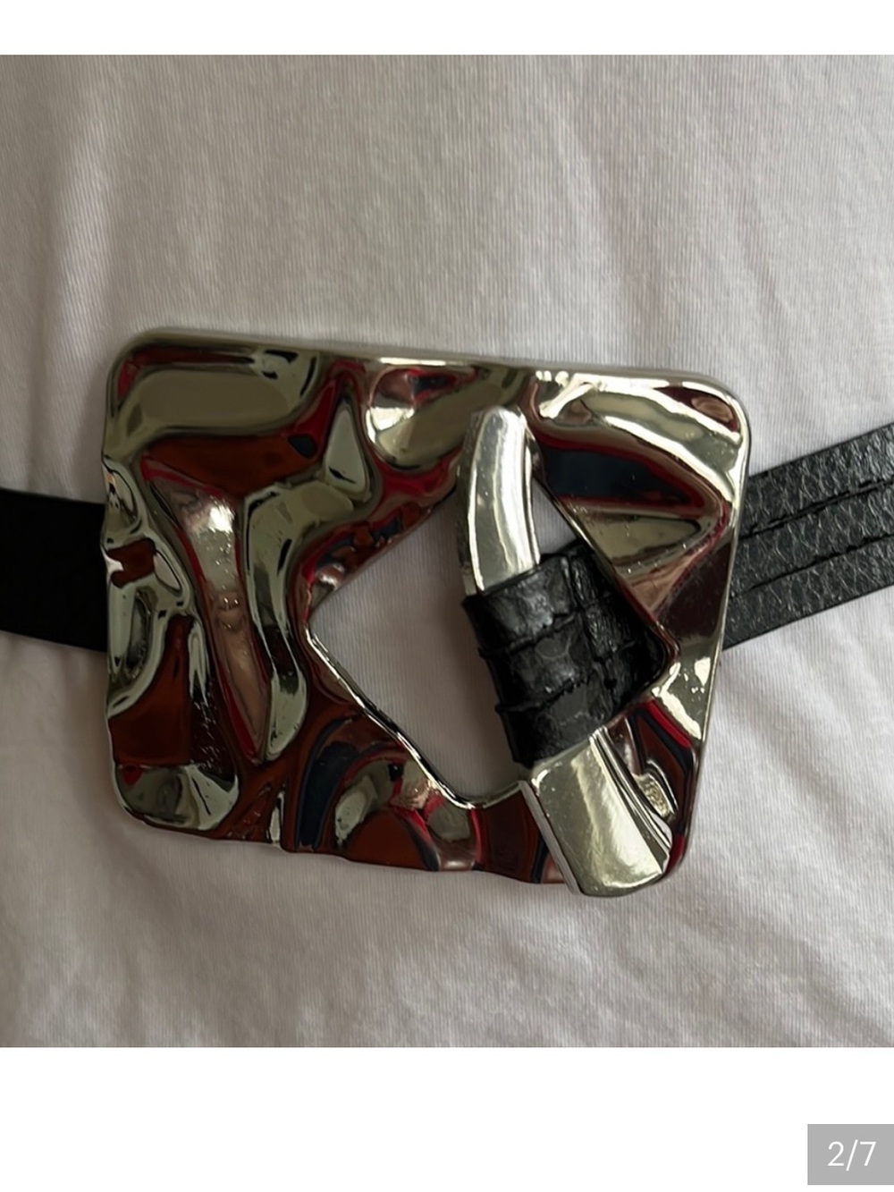 Black Leather Belt with Silver Textured Buckle - Picture 5 of 9
